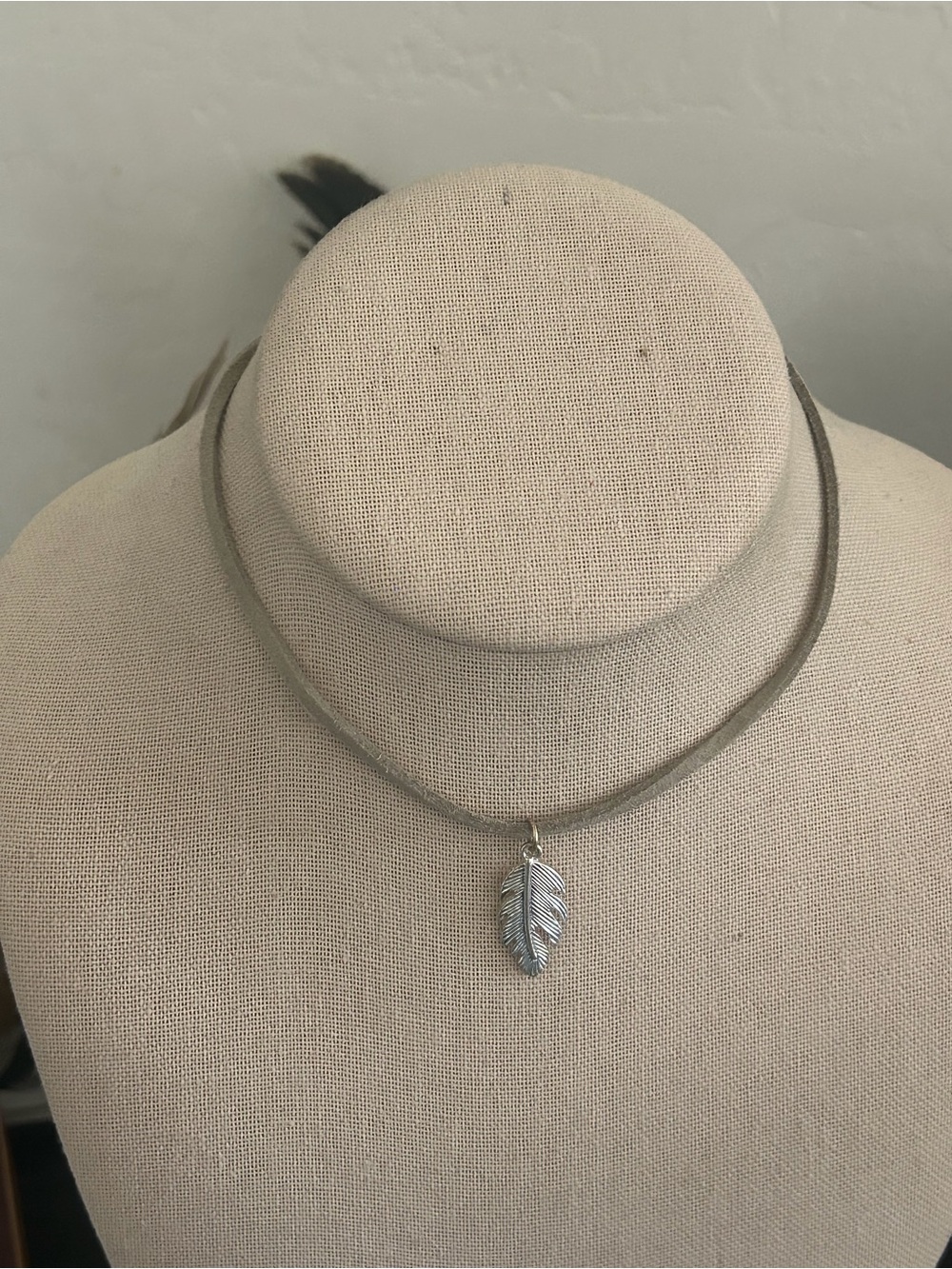 Vintage Icing Dainty Silver Feather Pendant on Leather Taupe Cord Choker